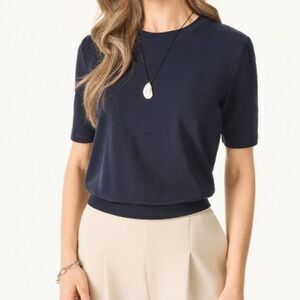 OGL Soft Stretchy Wool Blend Short Sleeve Banded Hem Brami Top Navy Size Small